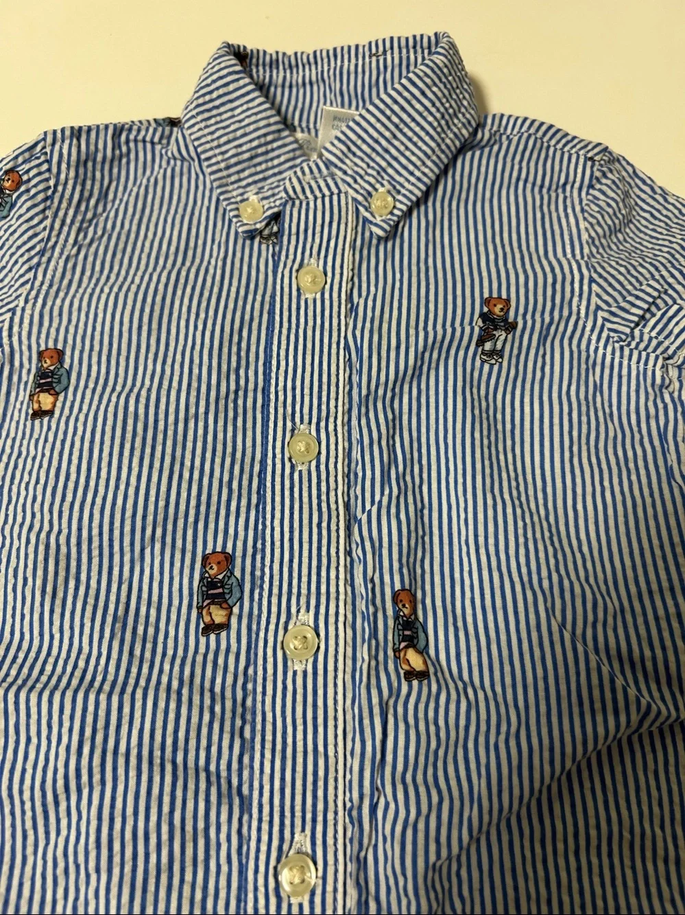 Ralph Lauren Blue and White Striped Baby jumper with Bear Embroidery